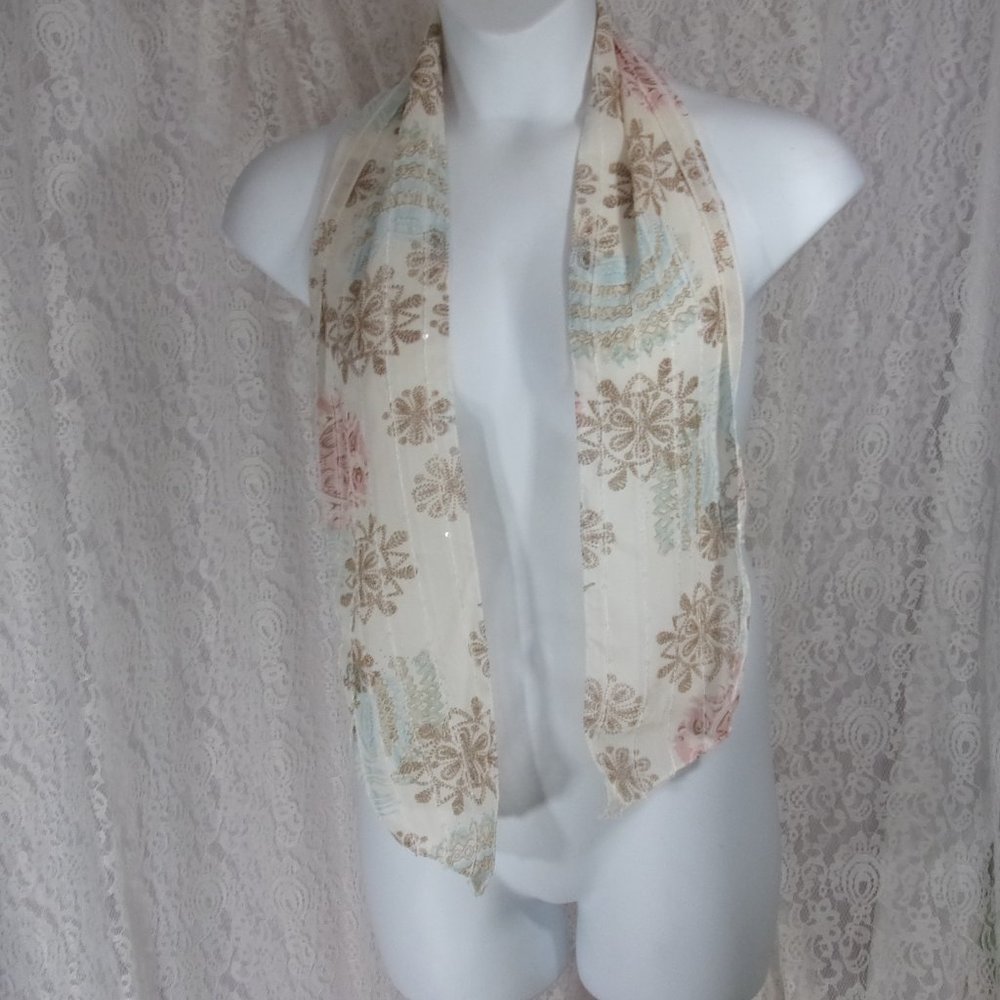 Fashion Scarf Oblong Ivory Beige Blue  Sequins NWOT